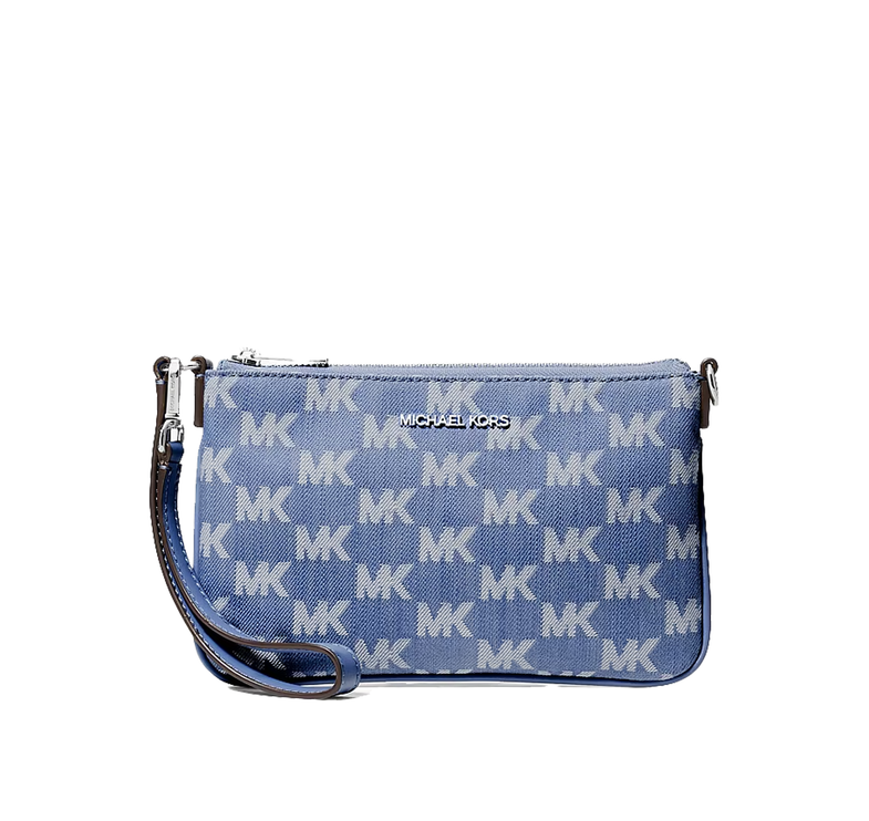 Michael Kors Women's Jet Set Travel Small Logo Jacquard Denim Wristlet Denim/Silver