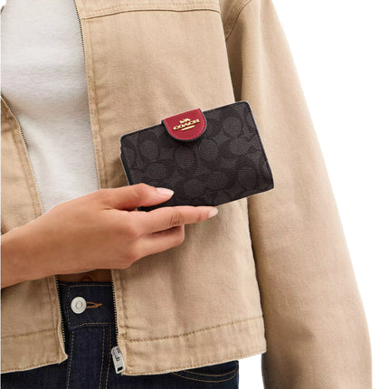 Coach Women's Medium Corner Zip Wallet In Signature Canvas Gold/Walnut/True Red