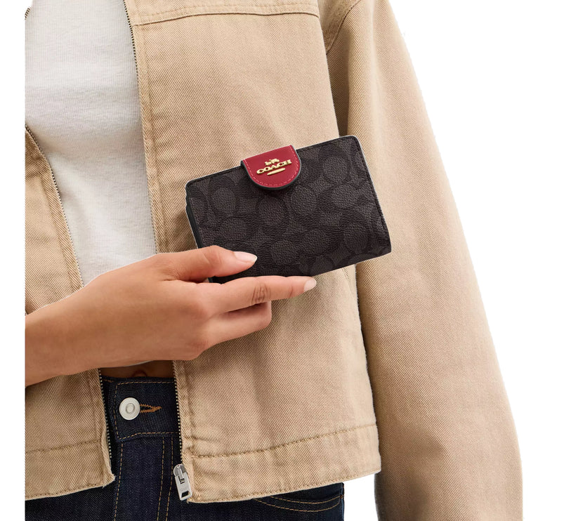 Coach Women's Medium Corner Zip Wallet In Signature Canvas Gold/Walnut/True Red