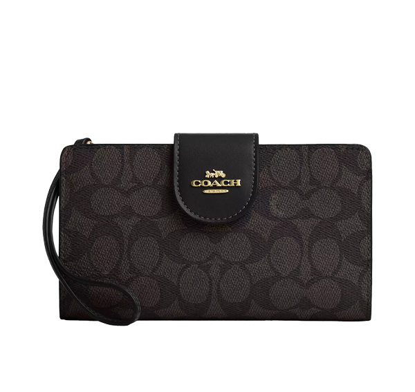 Coach Women's Phone Wallet In Signature Canvas Gold/Walnut/Black