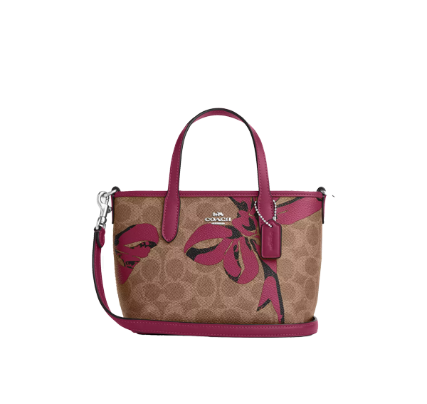 Coach Women's City Mini Tote Bag In Signature Canvas With Bow Print Silver/Tan/Pink Multi