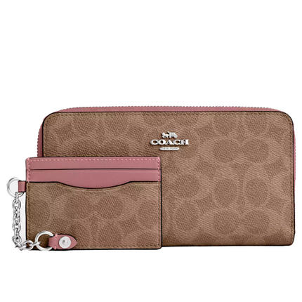 Coach Women's Long Zip Around Wallet With Detachable Card Case In Signature Canvas Silver/Tan/Dusty Pink