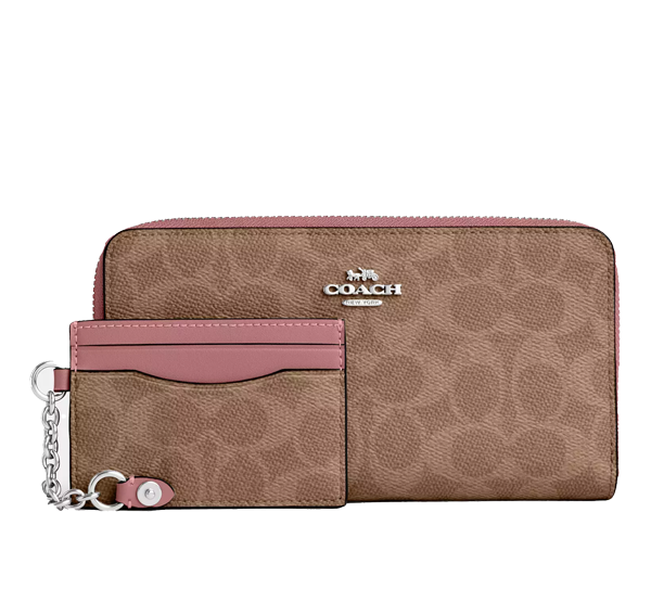 Coach Women's Long Zip Around Wallet With Detachable Card Case In Signature Canvas Silver/Tan/Dusty Pink