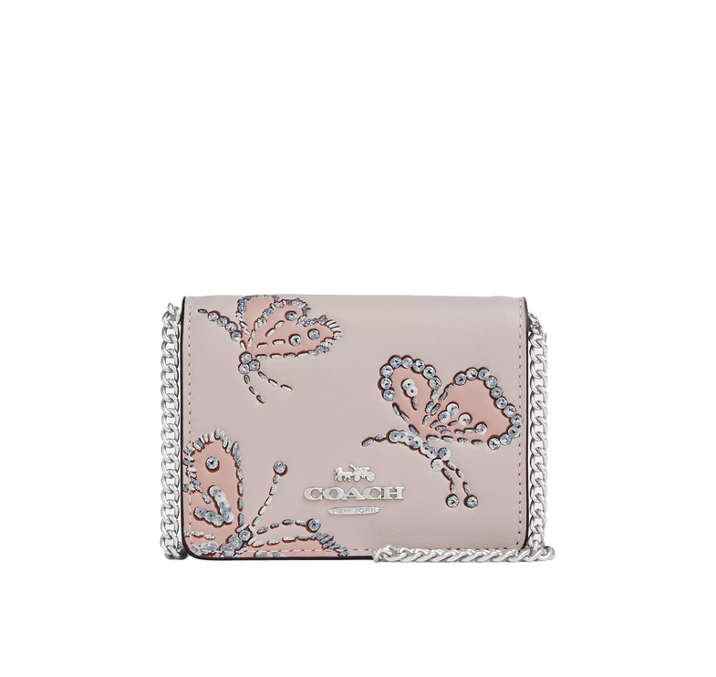 Coach Women's Mini Wallet On A Chain With Sparkly Butterfly Print Novelty Leather/Silver