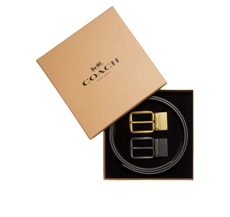 Coach Men's Boxed Harness Buckle Cut-To-Size Reversible Belt, 38 Mm Black Dark Brown