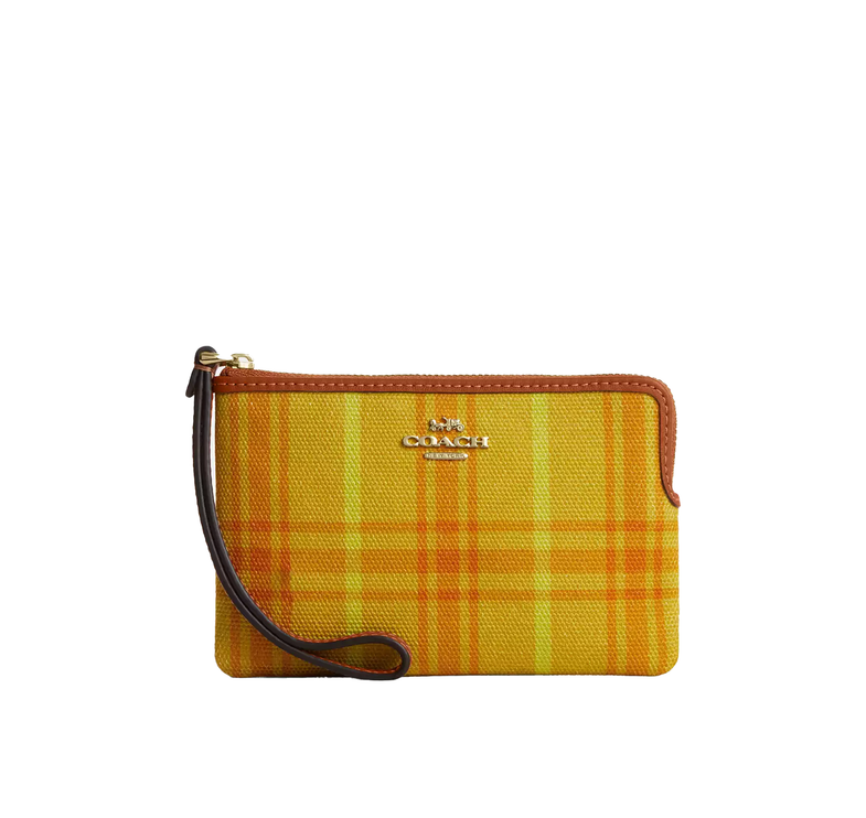 Coach Women's Corner Zip Wristlet In Regenerative Cotton With Plaid Print Gold/Burnished Amber