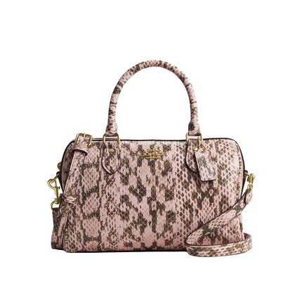 Coach Women's Rowan Satchel Bag Snake Embossed Leather Gold/Pink