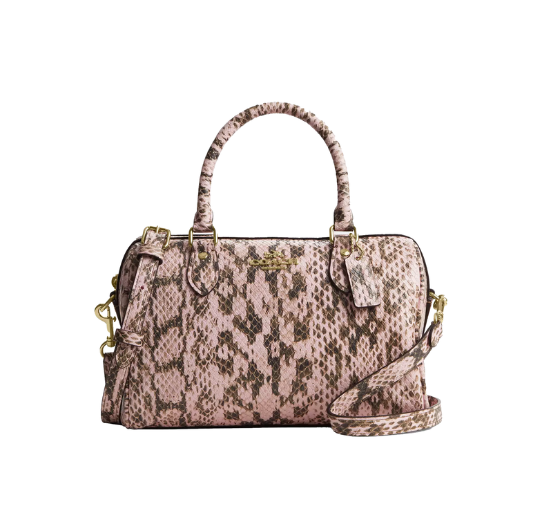 Coach Women's Rowan Satchel Bag Snake Embossed Leather Gold/Pink