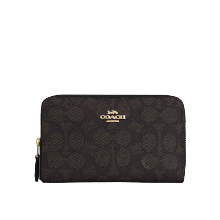 Coach Women's Medium Id Zip Wallet In Signature Canvas Gold/Walnut/Black