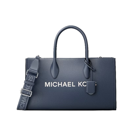 Michael Kors Women's Mirella Medium Pebbled Leather Satchel Bag Navy/Silver