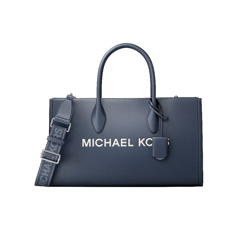 Michael Kors Women's Mirella Medium Pebbled Leather Satchel Bag Navy/Silver