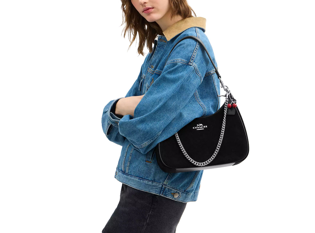Coach Women's Teri Hobo Bag With Cherry Charm Suede Black/Silver