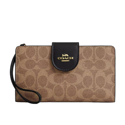 Coach Women's Phone Wallet In Signature Canvas Gold/Tan/Black