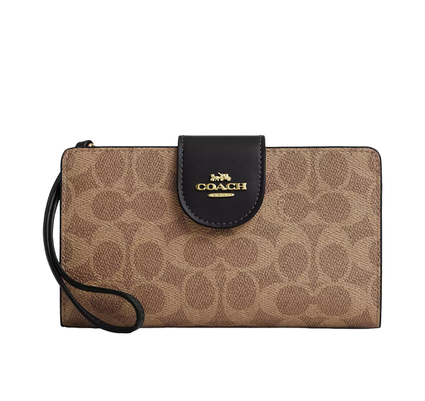 Coach Women's Phone Wallet In Signature Canvas Gold/Tan/Black
