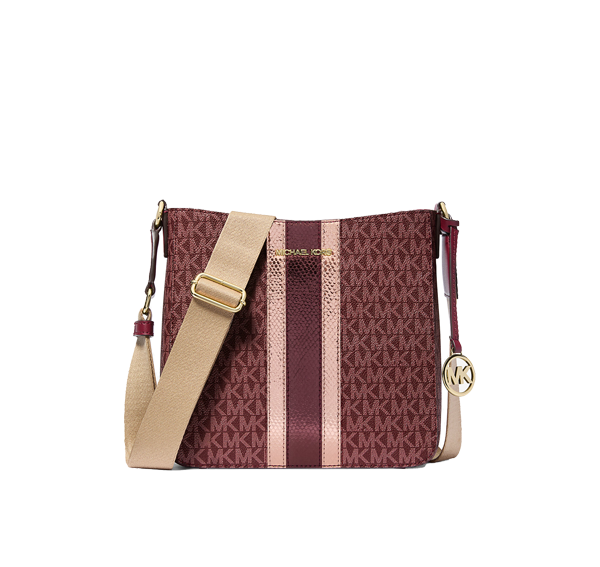 Michael Kors Women's Jet Set Travel Small Signature Logo and Metallic Messenger Bag Oxblood