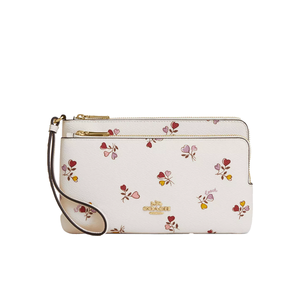 Coach Women's Double Zip Wallet With Heart Print Gold/Chalk Multi