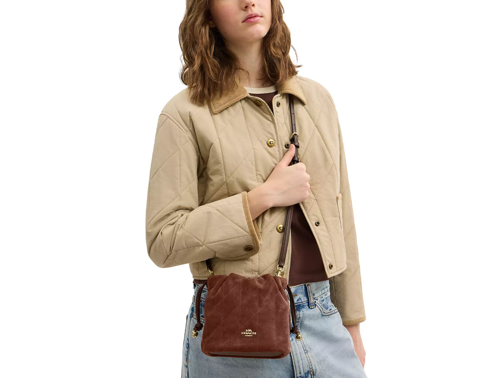 Coach Women's Faye Mini Drawstring Bag With Quilting Suede Gold