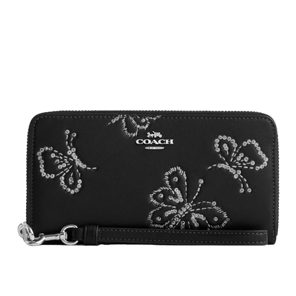 Coach Women's Long Zip Around Wallet With Butterfly Print Black/Silver