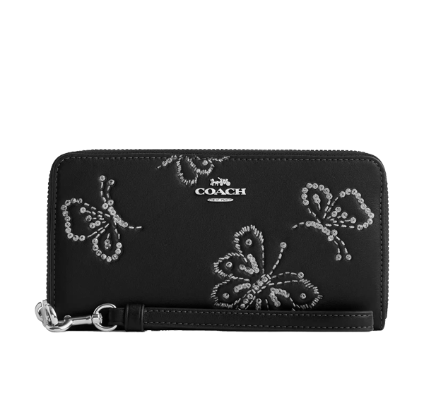 Coach Women's Long Zip Around Wallet With Butterfly Print Black/Silver