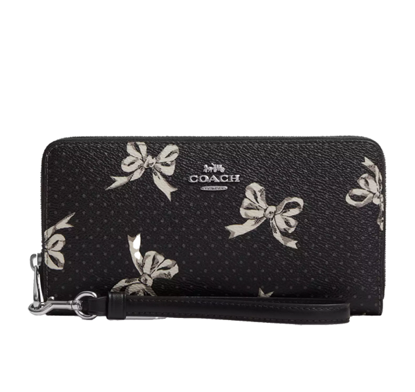 Coach Women's Long Zip Around Wallet With Bow Print Silver/Black Multi