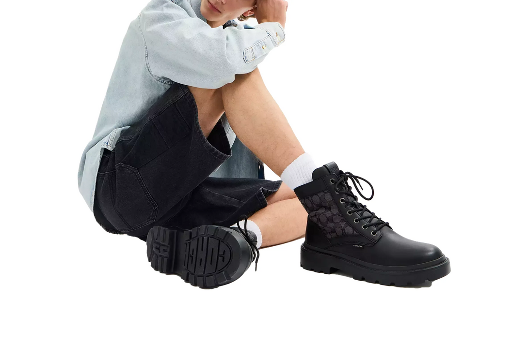 Coach Men's Combat Boot With Signature Jacquard Charcoal