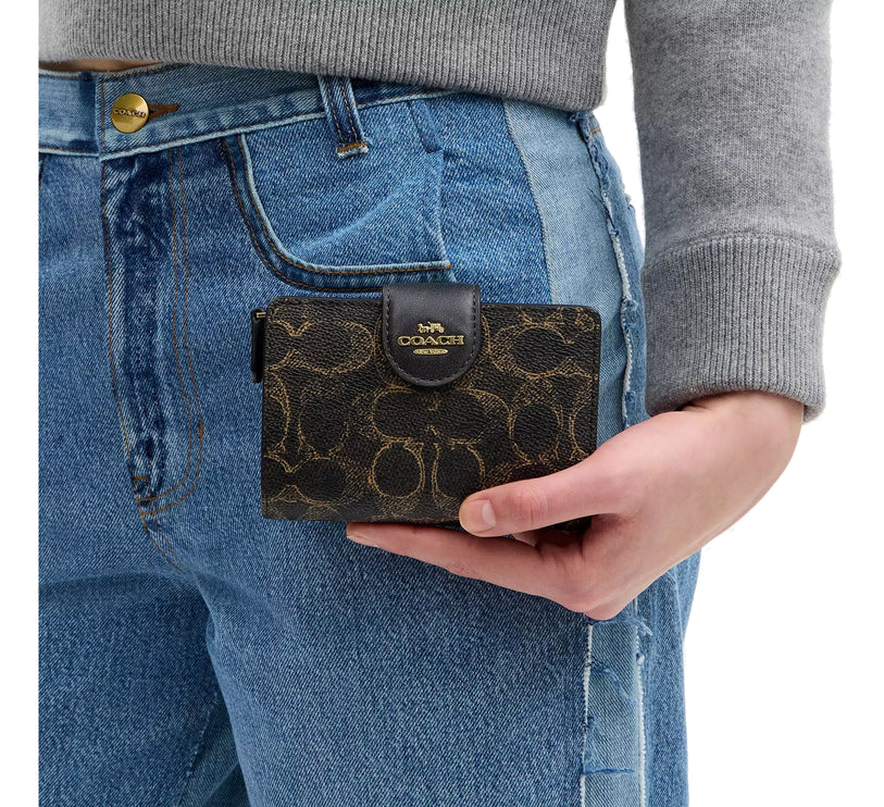 Coach Women's Medium Corner Zip Wallet In Loved Signature Canvas Gold/Brown