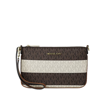 Michael Kors Women's Jet Set Travel Small Striped Signature Logo Convertible Wristlet Vanilla/Luggage/Gold