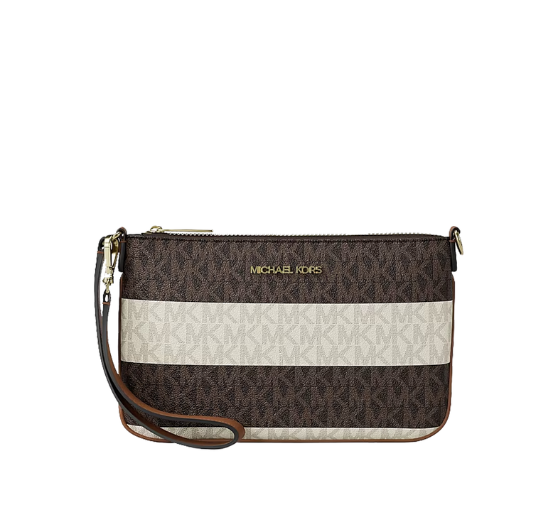 Michael Kors Women's Jet Set Travel Small Striped Signature Logo Convertible Wristlet Vanilla/Luggage/Gold