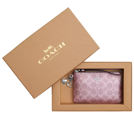Coach Women's Boxed Corner Zip Wristlet In Signature Canvas With Charms Pink/Silver