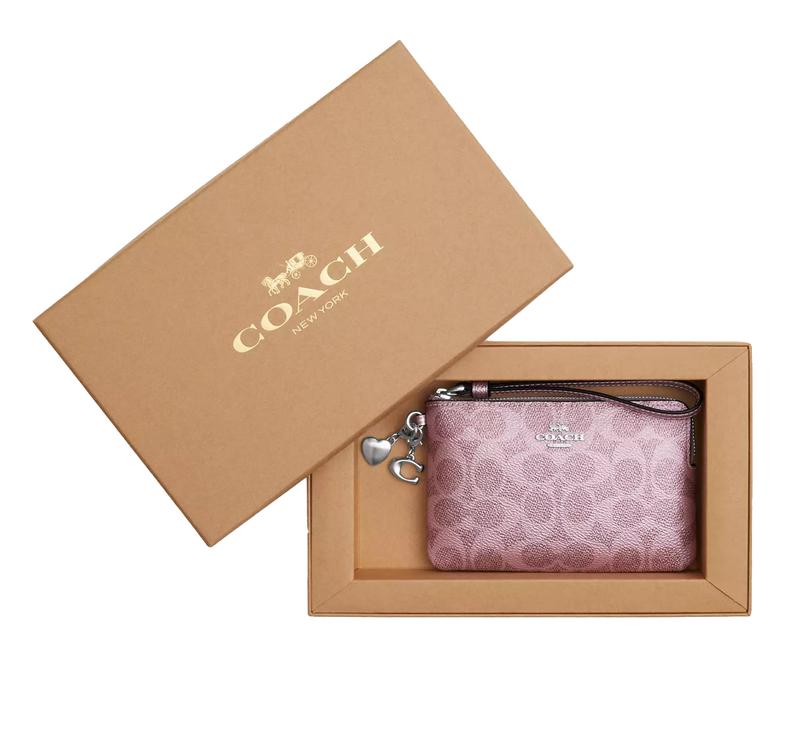 Coach Women's Boxed Corner Zip Wristlet In Signature Canvas With Charms Pink/Silver