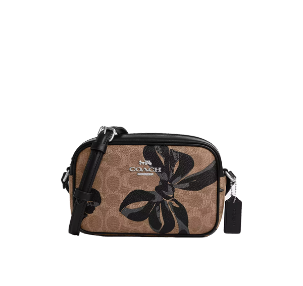 Coach Women's Mini Jamie Camera Bag In Signature Canvas With Bow Print Silver/Tan/Black Multi