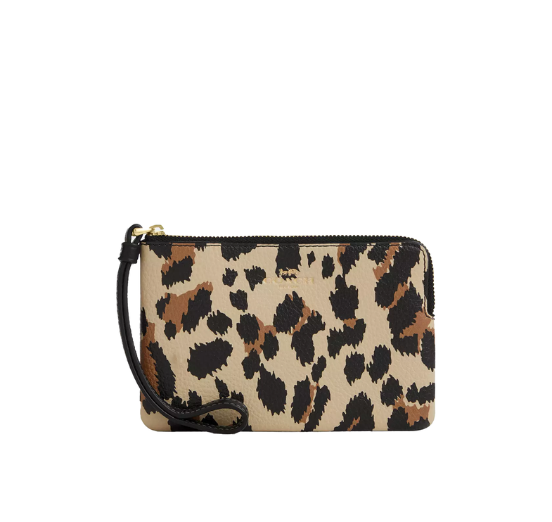 Coach Women's Corner Zip Wristlet With Leopard Print Gold/Leopard Multi