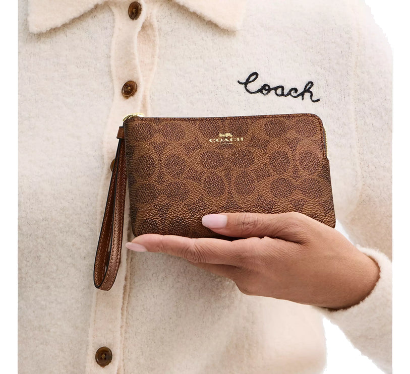 Coach Women's Corner Zip Wristlet In Signature Canvas Gold/Brown/Copper