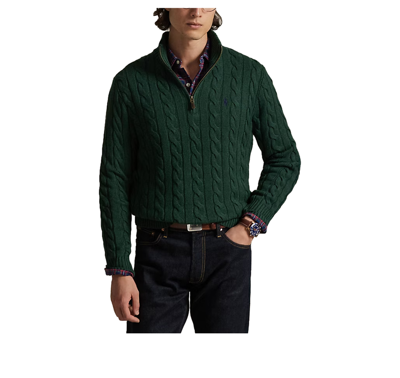 Polo Ralph Lauren Men's Cable-Knit Cotton Quarter-Zip Sweater Scotch Pine Heather