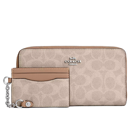 Coach Women's Long Zip Around Wallet With Detachable Card Case In Signature Canvas Silver/Sand/Taupe