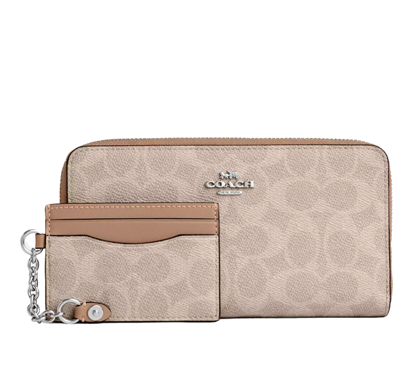 Coach Women's Long Zip Around Wallet With Detachable Card Case In Signature Canvas Silver/Sand/Taupe