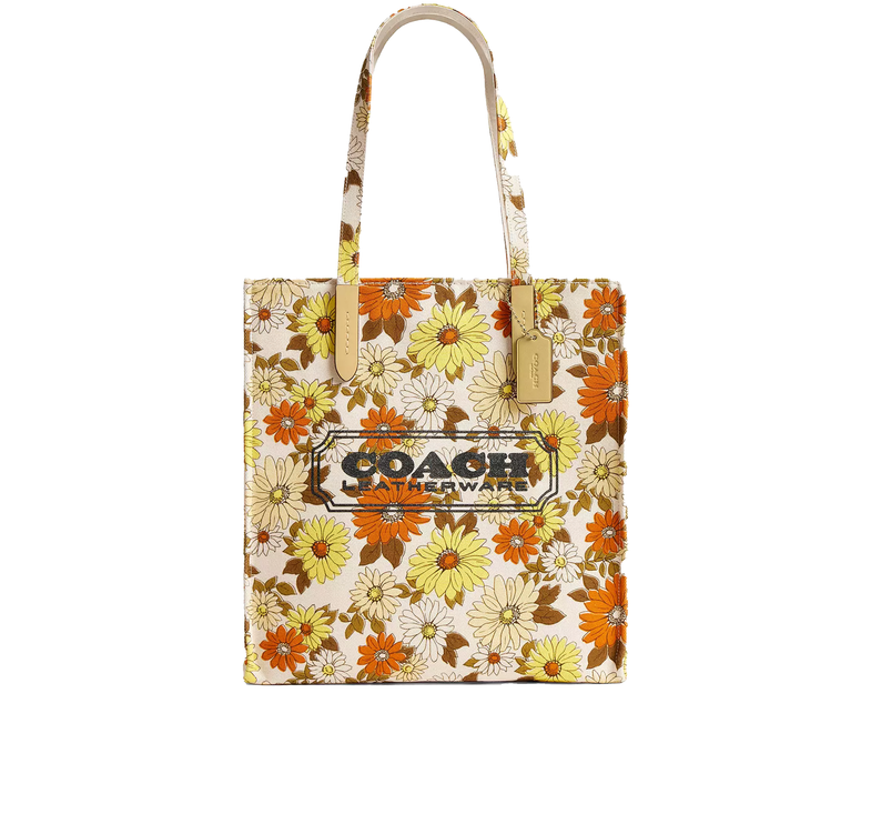 Coach Women's Canvas Tote Bag With Floral Print Gold/Vanilla Sunflower