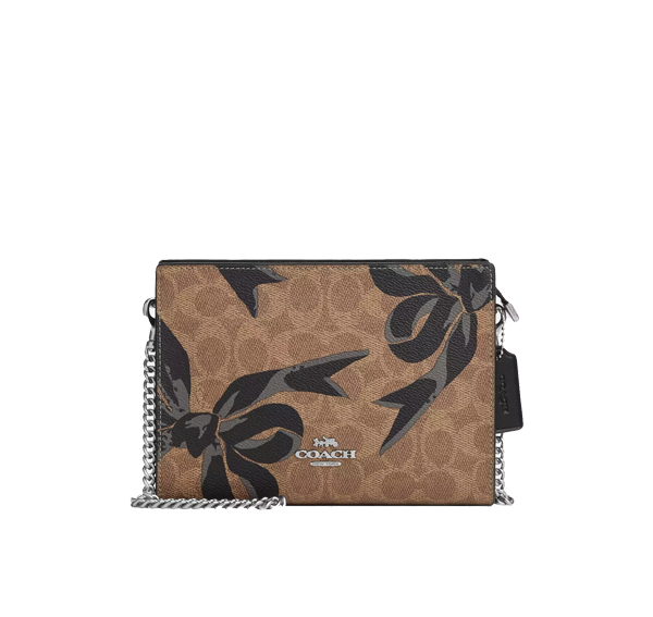 Coach Women's Slim Crossbody Bag In Signature Canvas With Bow Print Silver/Tan/Black Multi