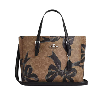 Coach Women's Mollie Tote Bag 25 In Signature Canvas With Bow Print Silver/Tan/Black Multi