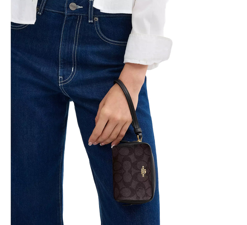 Coach Women's Pouch Wristlet In Signature Canvas Gold/Walnut/Black