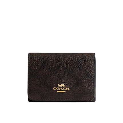 Coach Women's Card Holder Wallet In Blocked Signature Canvas Gold/Walnut/Tan