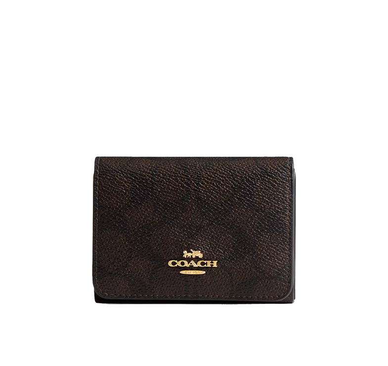 Coach Women's Card Holder Wallet In Blocked Signature Canvas Gold/Walnut/Tan