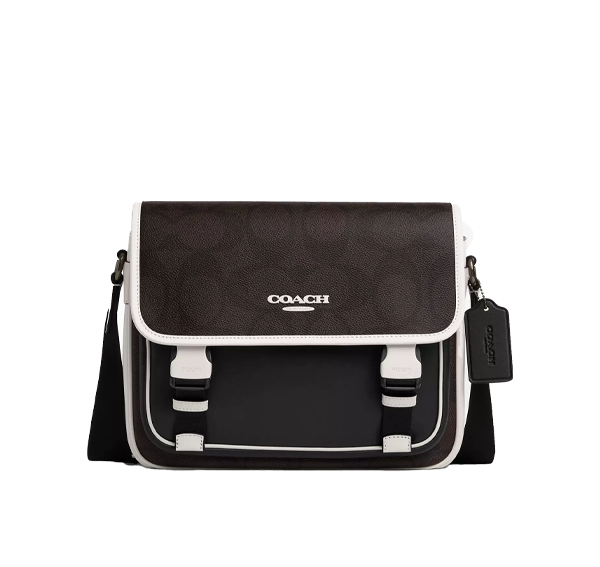 Coach Unisex Racer Messenger Bag In Blocked Signature Canvas Walnut/Chalk