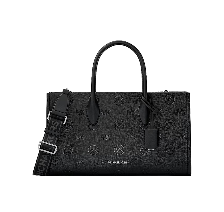 Michael Kors Women's Mirella Medium Logo Debossed Satchel Bag Black/Silver