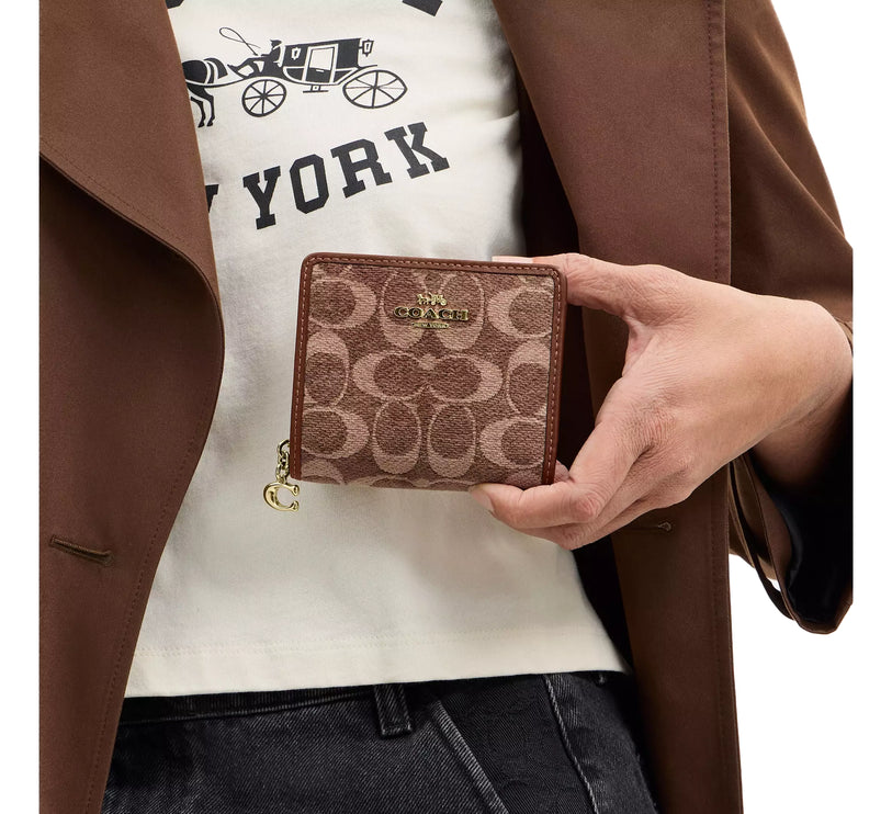 Coach Women's Snap Wallet In Signature Chenille Gold/Light Khaki/Vintage Brown