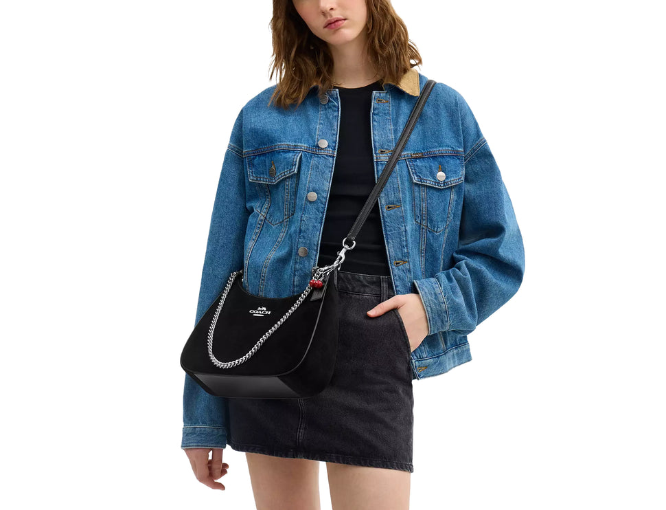 Coach Women's Teri Hobo Bag With Cherry Charm Suede Black/Silver