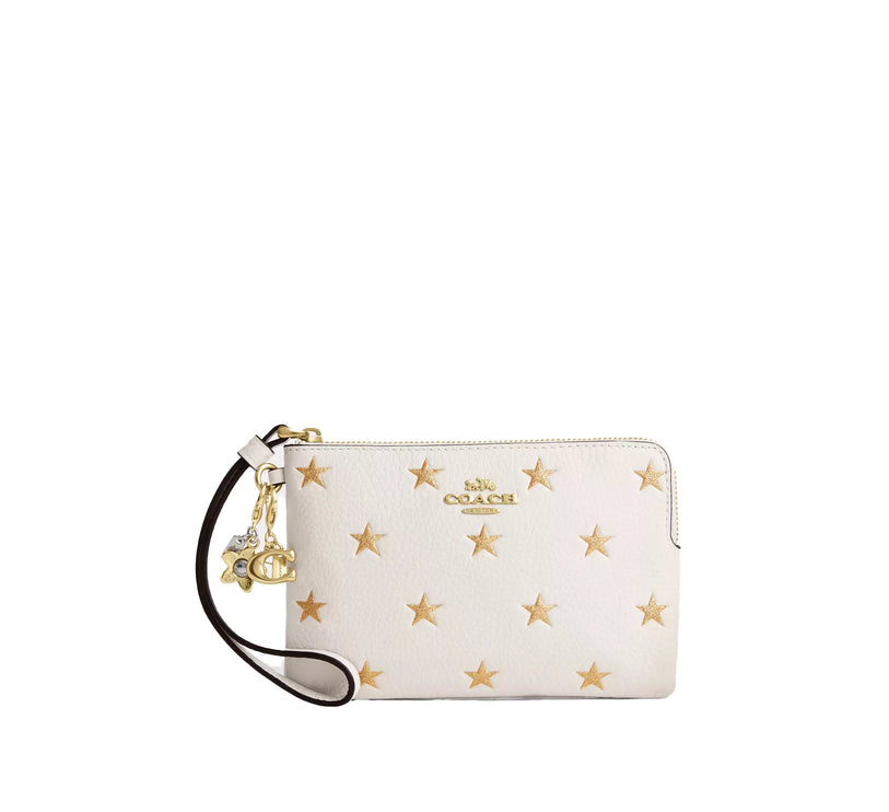 Coach Women's Boxed Corner Zip Wristlet With Star Print And Charms Gold/Chalk Multi