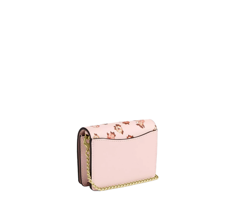 Coach Women's Mini Wallet On A Chain With Rosette Print Gold/Blush Multi