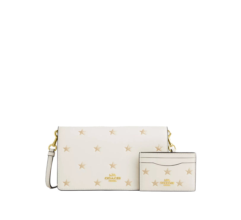 Coach Women's Boxed Anna Foldover Clutch Crossbody Bag And Card Case Set With Star Print Gold/Chalk Multi