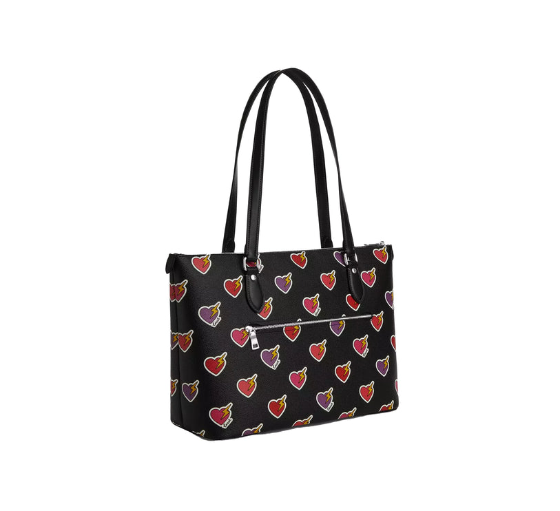 Coach Women's Gallery Tote Bag With Heart Bolt Print Silver/Black Multi